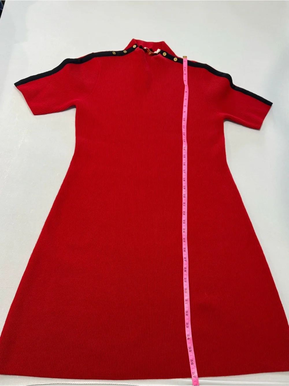 Tory Burch Sardy Merino Wool Sweater Dress Red Navy Gold Buttons L